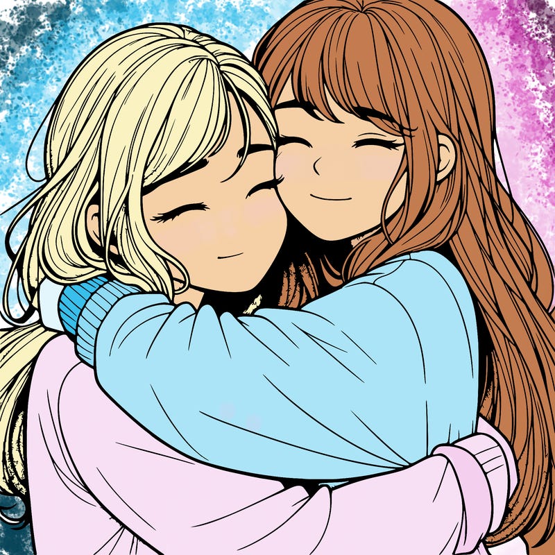 realistic two girls hugging