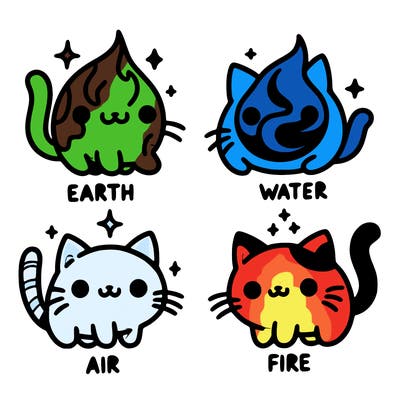 4 cats that represent the different elements, earth, water, air, and fire