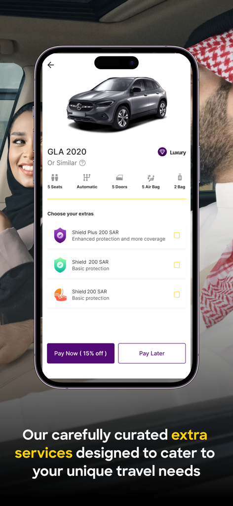 Yelo car rental app screen showing a luxury SUV and optional insurance extras.