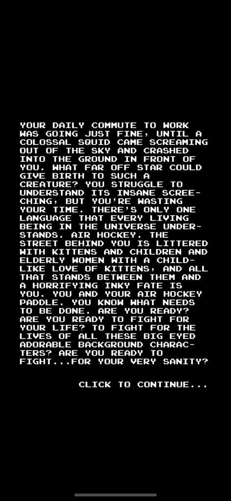 Pixelated intro screen for Air Hockey Classic Arcade showing a dramatic backstory text on a black background