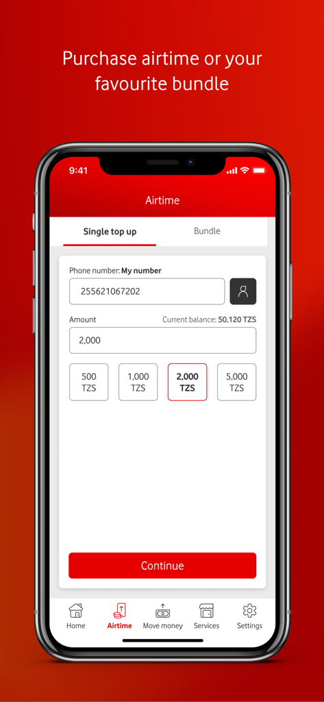 M-Pesa Tanzania app screen for purchasing mobile airtime and data bundles