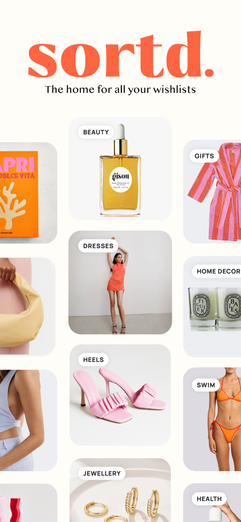 Sortd | Shopping Wishlist App - Écran d'accueil de l'application de liste de souhaits shopping Sortd présentant des catégories de produits organisées pour la beauté, la mode et la décoration intérieure