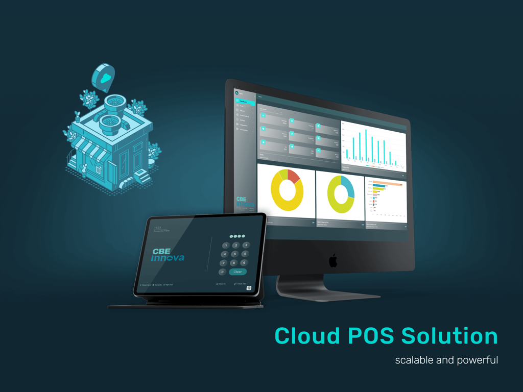 Solución TPV en la nube CBE Innova que muestra un panel de análisis y una pantalla de inicio de sesión seguro para iPad