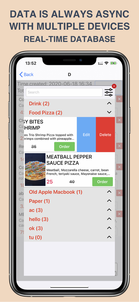 Interface do aplicativo EASY POS mostrando sincronização de dados em tempo real e gerenciamento de menu em um iPhone