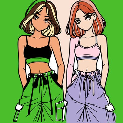 two girls with crop top with baggy pants