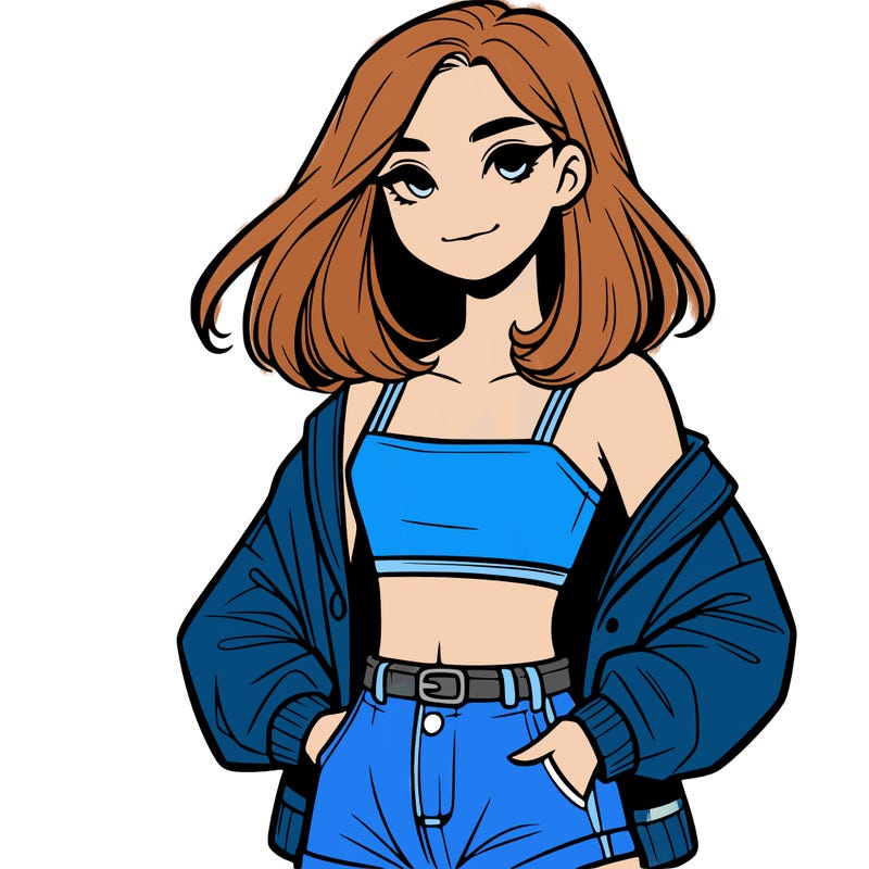 a realistic girl with a crop top and short shorts in an open jacket