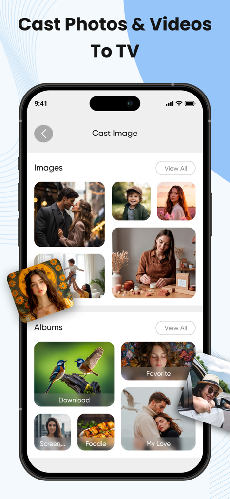 Smart View : Screen Cast - Interface do aplicativo Smart View em um iPhone mostrando opções para transmitir fotos e álbuns para uma tela de TV