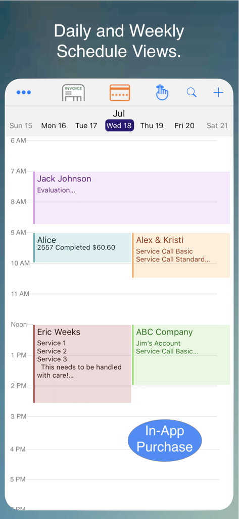 Visualização diária e semanal da agenda no aplicativo para empreiteiro de pintura mostrando compromissos de clientes e chamadas de serviço