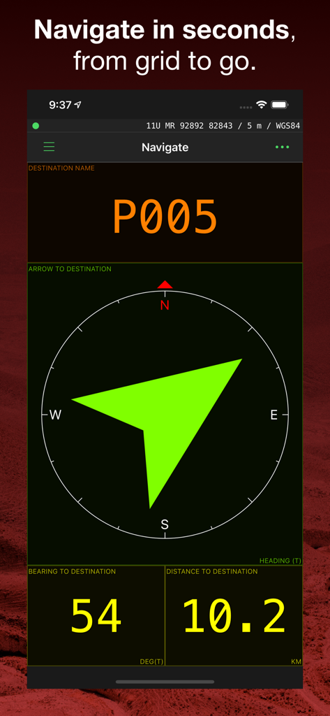 MilGPS navigation interface with a large directional arrow and high contrast distance and bearing data