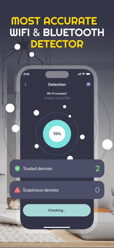 Smart Device Detector & Signal - Captura de pantalla de la aplicación Detector de Dispositivos Inteligentes mostrando un escaneo en progreso de dispositivos WiFi y Bluetooth de confianza y sospechosos.