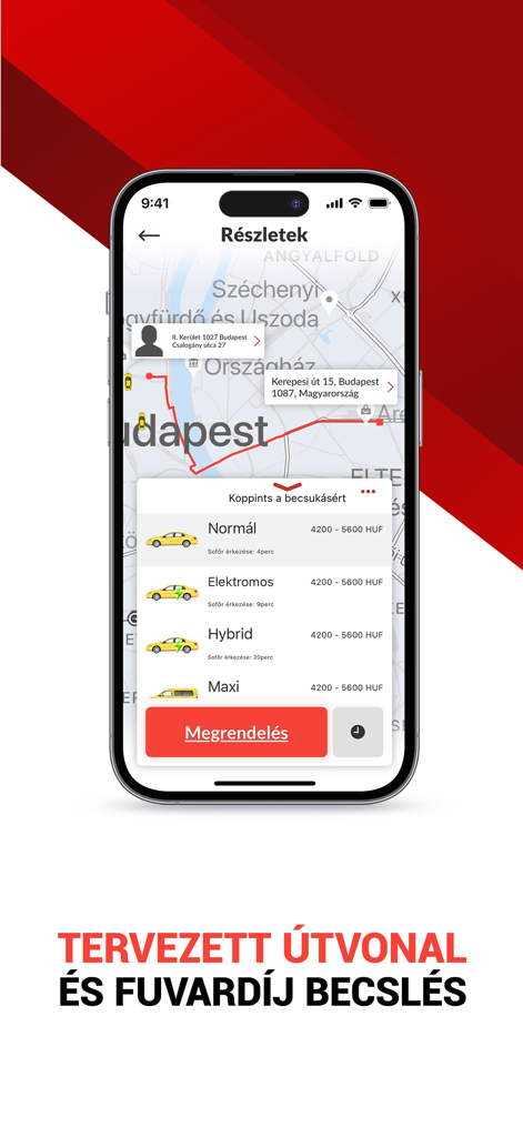 Fotaxi mobile app showing a map route and taxi fare estimates in Budapest