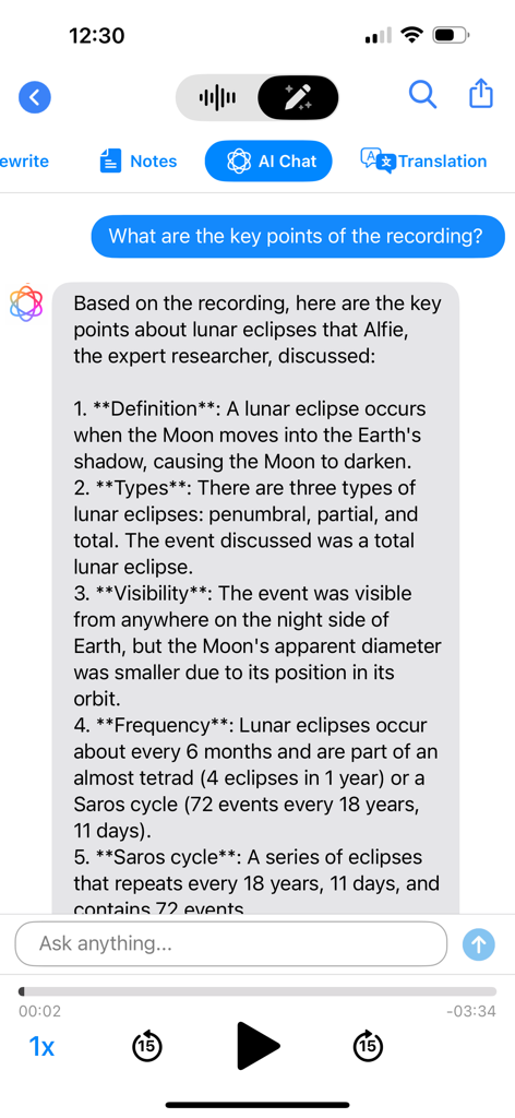 AI Chat interface in the Voice Recorder app summarizing a recording about lunar eclipses into key points
