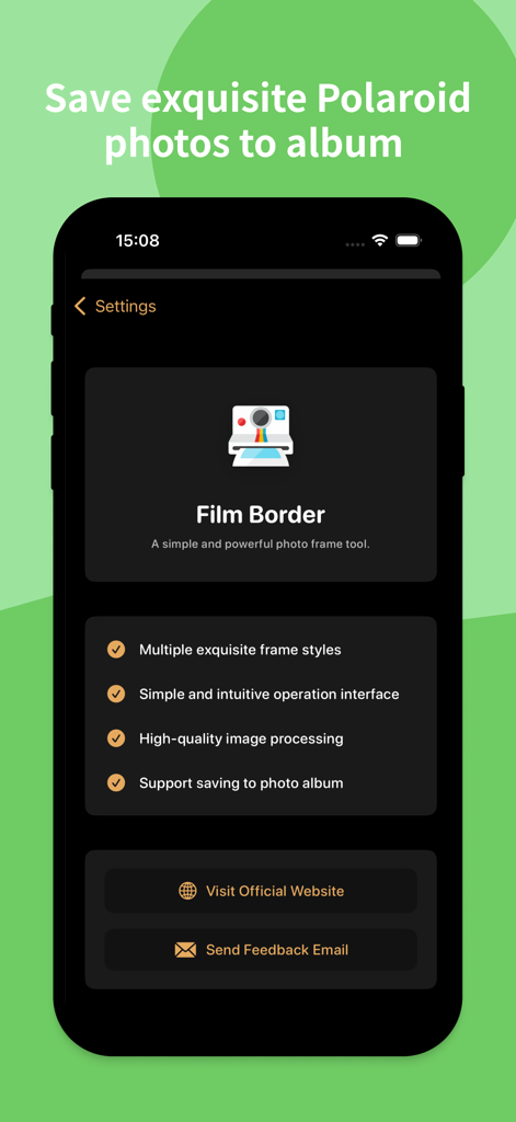 Film Border - Film Border app settings screen showcasing features like multiple frame styles and an intuitive interface on an iPhone