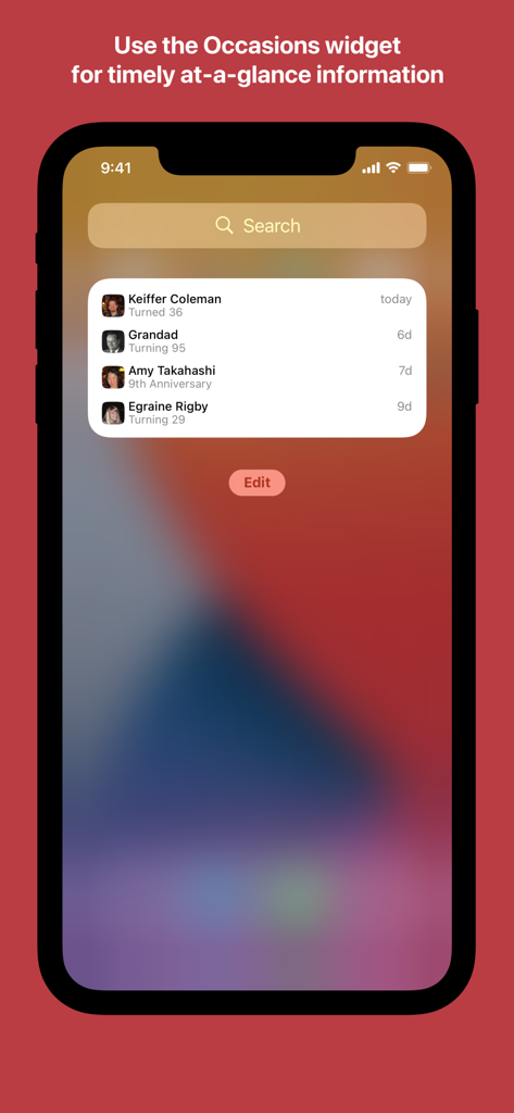 Occasions 3 - Reminders - Occasions 3 app widget on an iPhone showing upcoming birthdays and anniversaries at a glance.