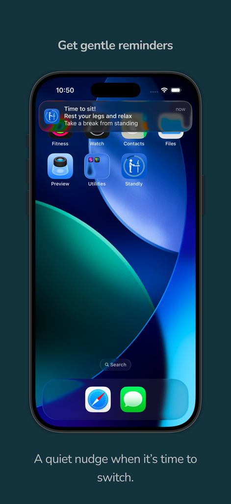 Standly | Standing desk timer - An iPhone home screen displaying a gentle reminder notification from the Standly app saying Time to sit.