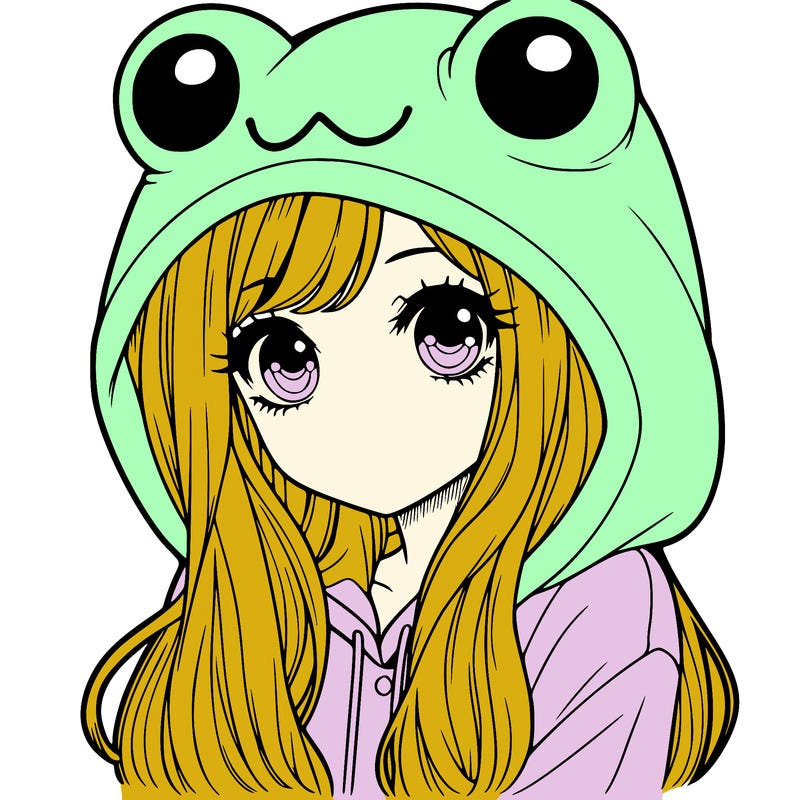 a pretty girl wearing a frog hoodie portrait with long hair