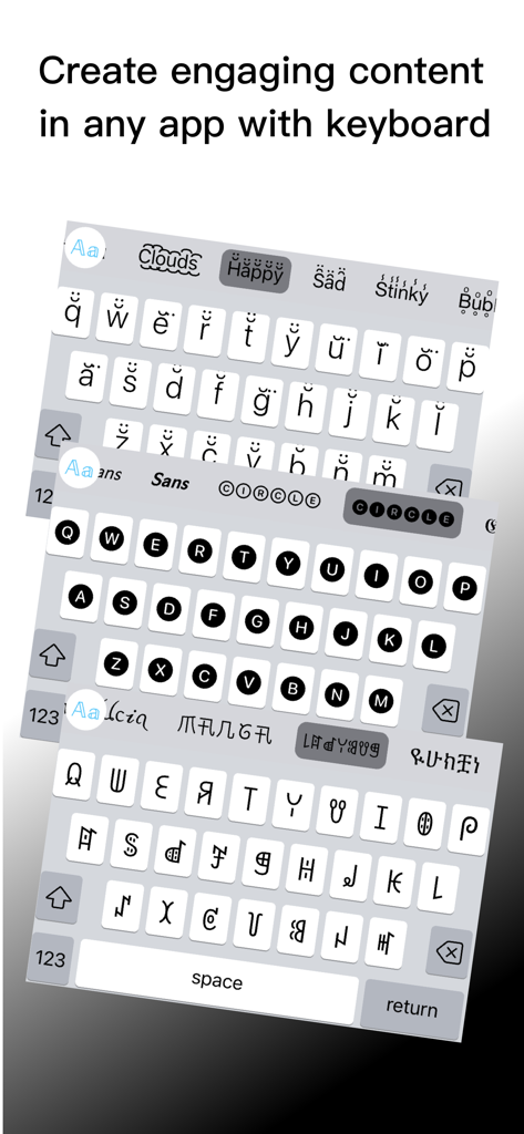 Varios estilos de fuentes elegantes y creativas mostradas en una interfaz de teclado móvil para la creación de contenido personalizado.