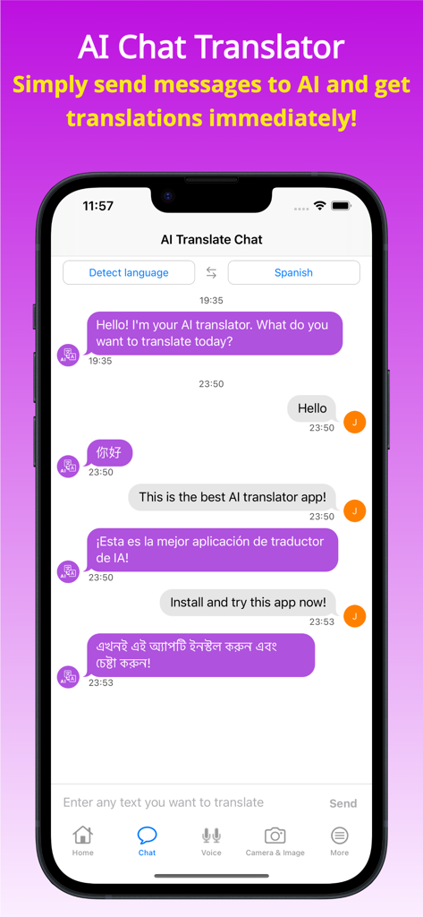 XTranslate AI - A mobile smartphone screen displaying the conversational AI chat translator interface of the XTranslate AI app