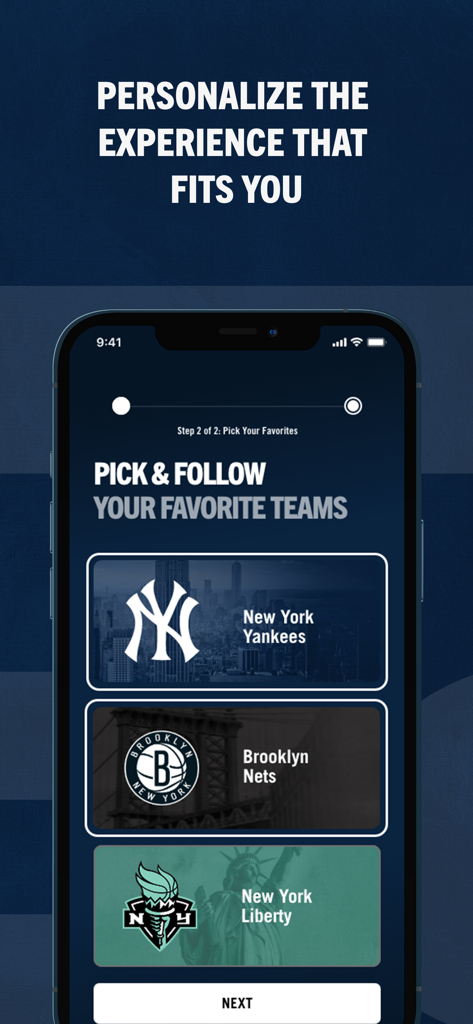YES Network - YES Network app screen for selecting favorite teams like the New York Yankees and Brooklyn Nets