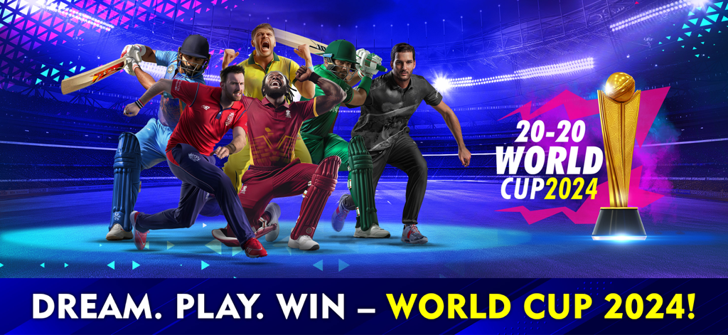 World Cricket Championship 2 promotional banner for the 20-20 World Cup 2024 mode featuring cricket players and a gold trophy