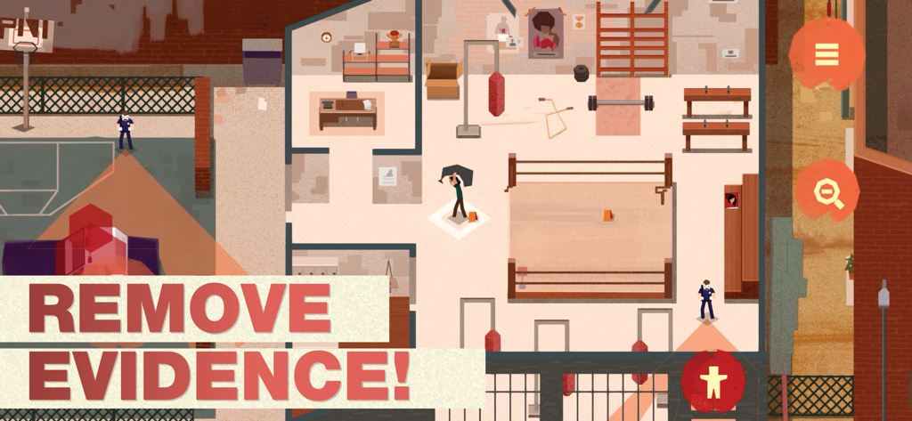 Serial Cleaner - Vista cenital de un nivel de gimnasio de boxeo en Serial Cleaner con policías y el texto "Eliminar pruebas".