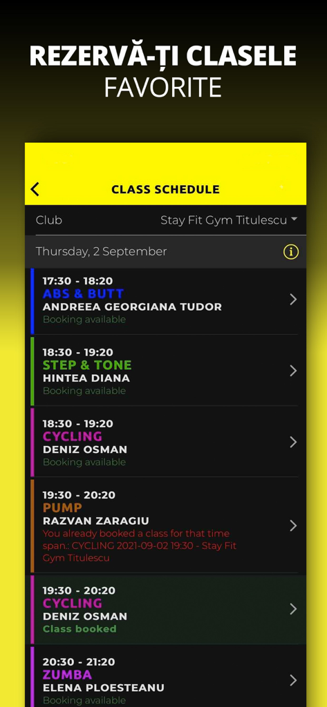 Stay Fit Gym app screen showing a daily schedule of fitness classes including cycling and zumba with booking options.