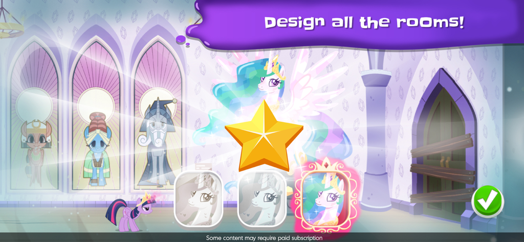 My Little Pony Color By Magic - Una schermata di decorazione della stanza in My Little Pony Colora la Magia con la Principessa Celestia e una grande stella dorata