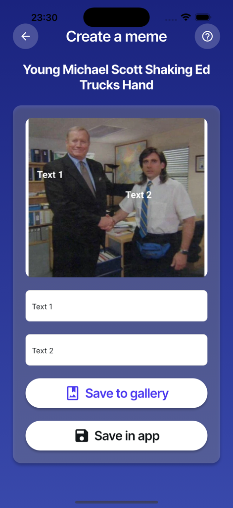 Interface do aplicativo Meme It para criar um meme com campos de entrada de texto e opções de salvar