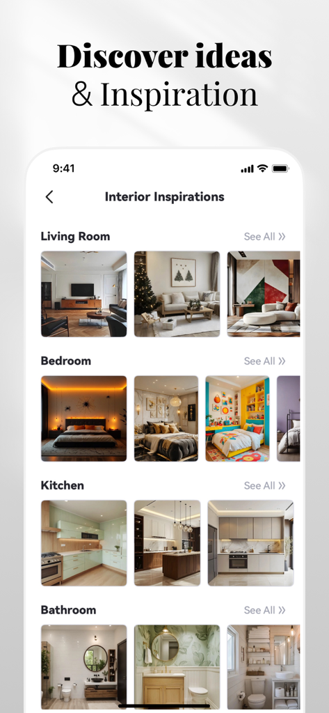 「インテリアインスピレーション」と題されたモバイルアプリの画面。リビングルーム、ベッドルーム、キッチン、バスルームのデザインアイデアのギャラリーを表示しています。