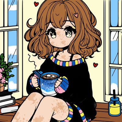 cute anime girl reading book and drinking hot chocolate from mug with loose wavy hair wearing a baggy sweatshirt and shorts sitting by windowsill looking out