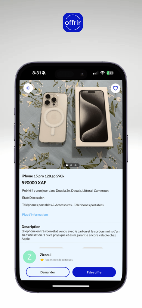 Offrir - Achetez,Vendez,Louez - Offrir 마켓플레이스 앱에서 중고 iPhone 15 Pro 제품 페이지