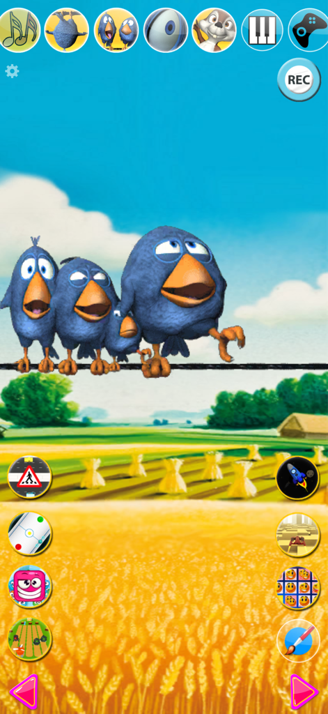 Talking Birds On A Wire - Four blue cartoon birds on a wire in a landscape with mini-game selection icons