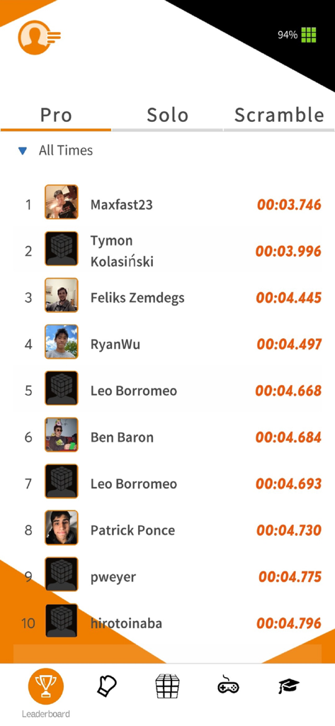 Rubik's Connected - Classement mondial montrant les meilleurs temps de résolution pour les joueurs professionnels dans l'application Rubiks Connected