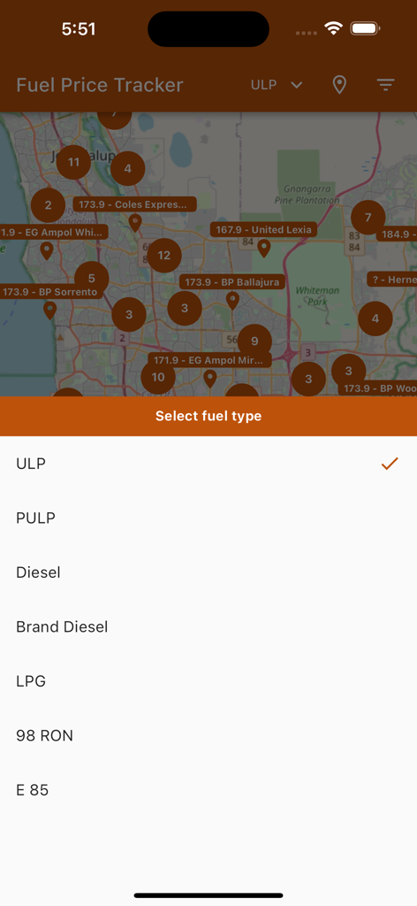 Fuel Price Tracker - Perth, WA - Map interface of the Fuel Price Tracker app showing fuel stations in Perth with an overlay for selecting different fuel types like ULP and Diesel
