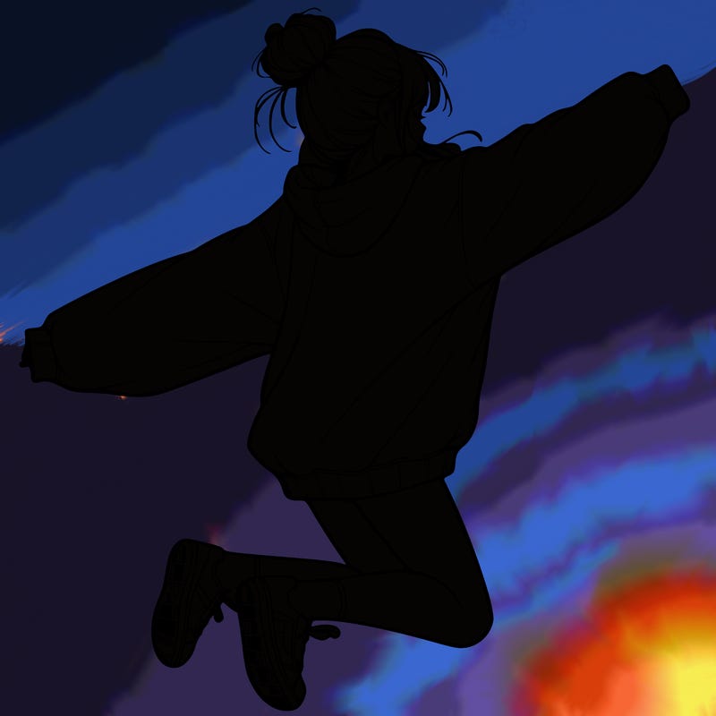 realistic girl jumping with a bun and oversized sweatshirt