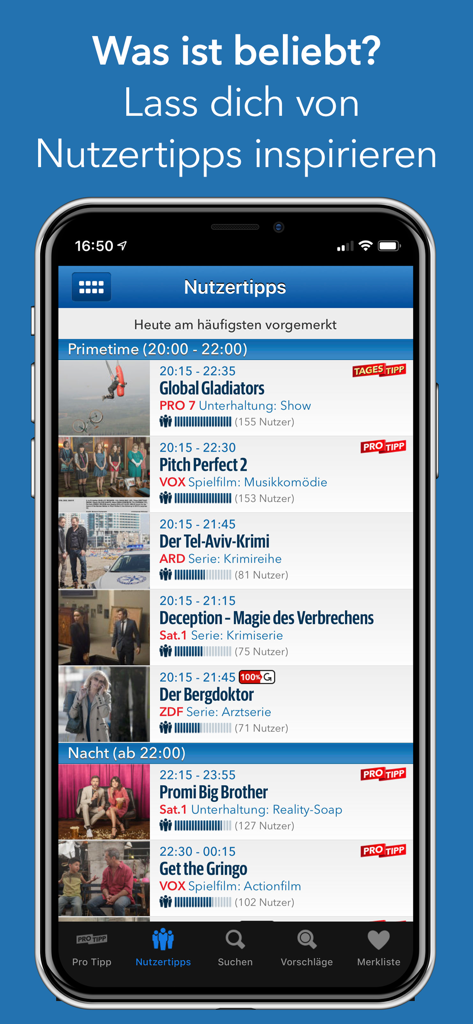 TV Pro Classic mobile app showing user recommended TV shows and primetime schedule