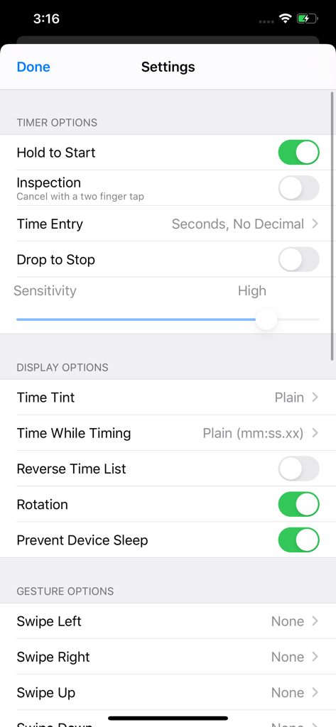 Five Timer - Settings screen of the Five Timer app showing timer display and gesture options for speedcubing.