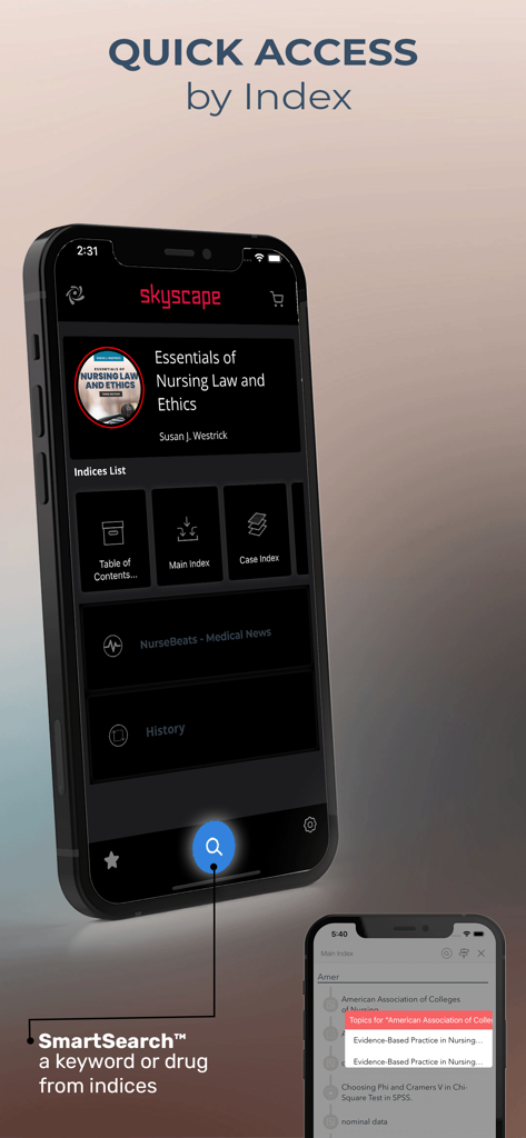 Essentials Nursing Law Ethics mobile app interface displaying the SmartSearch tool and index navigation.