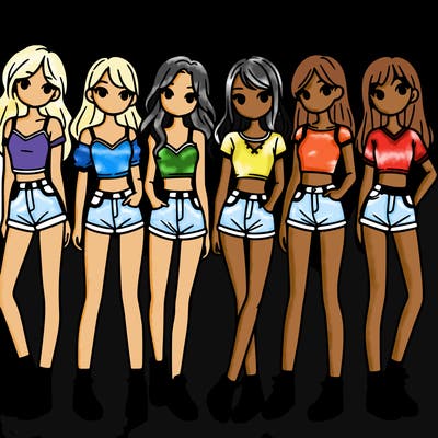 a group of girls wearing crop tops and shorts