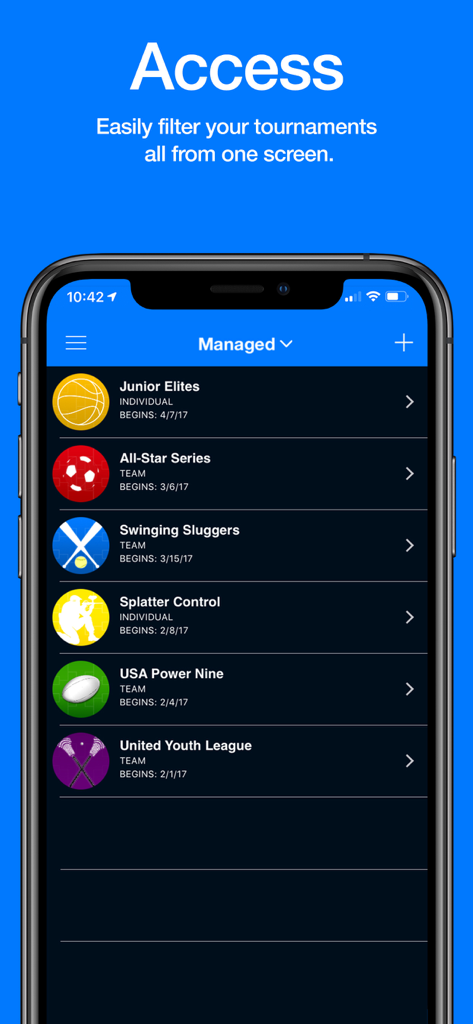 App Tournament Mgr mostrando uma lista de torneios esportivos gerenciados em uma única tela