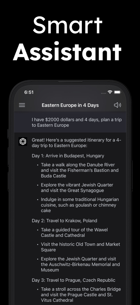 ChatPlus AI chatbot generating a detailed 4-day travel itinerary for Eastern Europe.