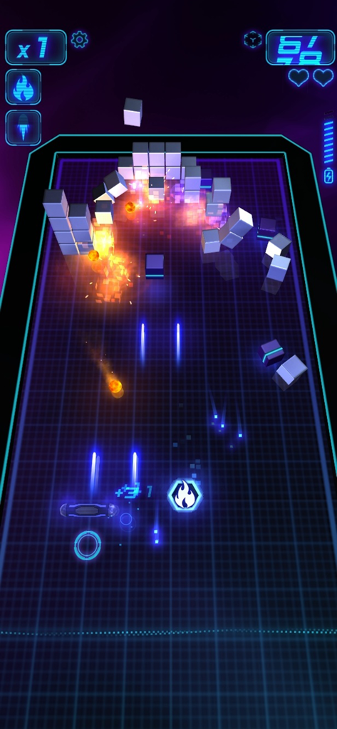 Micro Breaker - A 3D brick breaker game screen with neon graphics glowing power ups and exploding blocks