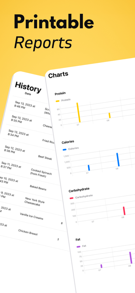 Protein Tracker+ - Captura de pantalla de la aplicación Protein Tracker plus que muestra informes imprimibles con historial y gráficos de ingesta nutricional de proteínas y calorías