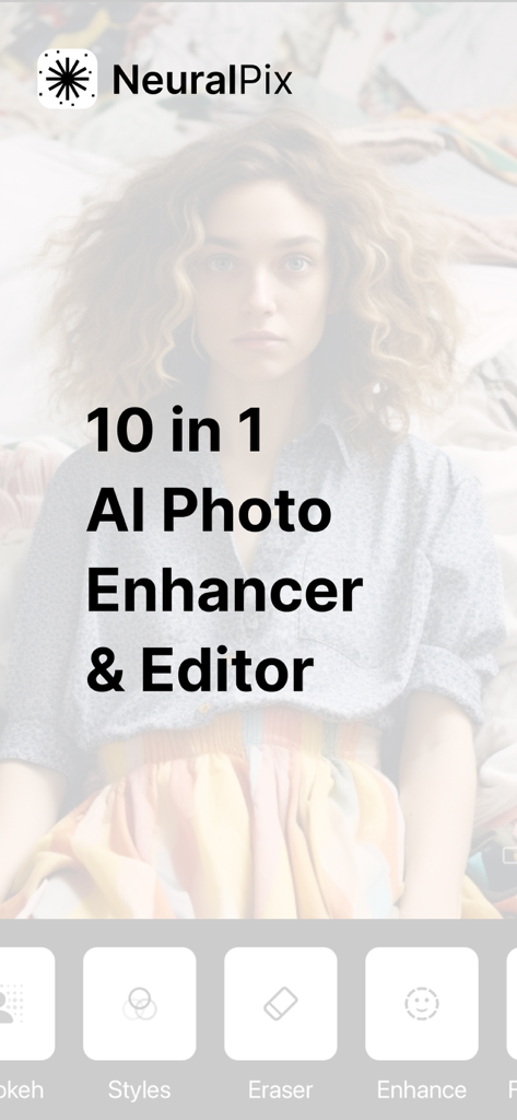 NeuralPix 10 in 1 AI Photo Enhancer and Editor interface showing various editing tools.