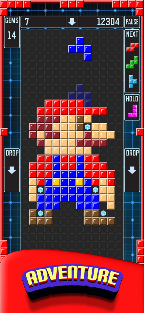Pentix Nova - Falling Blocks - Gameplay of Pentix Nova featuring a pixel art character made of blocks in adventure mode.