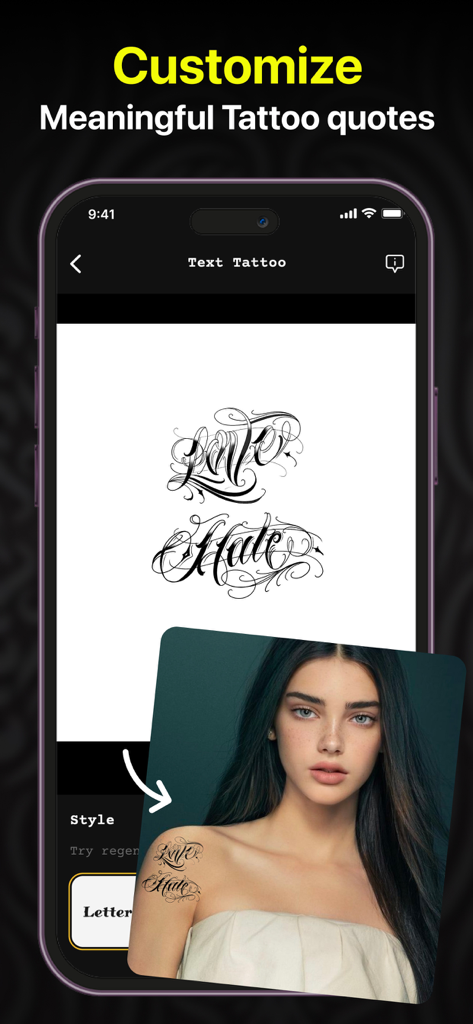 AI Tattoo Generator - AI Ink - AI app previewing a custom Love Hate calligraphy tattoo on a shoulder