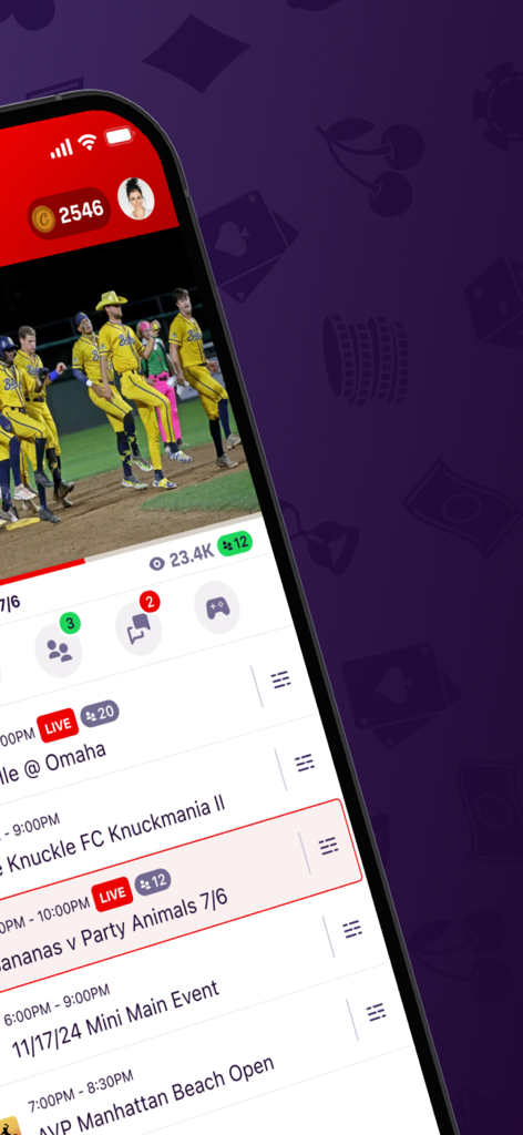 Bally Sports Live - Bally Sports Live app interface showing a live Savannah Bananas baseball stream and a list of upcoming niche sports events.