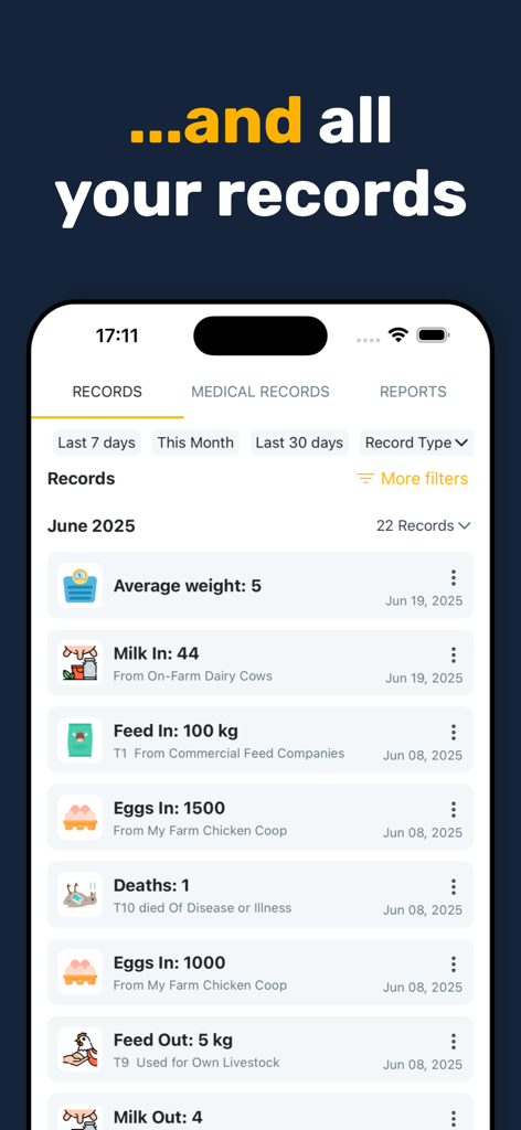 Livestock Manager Farm Tracker - Livestock Manager app screen showing a chronological log of farm records for milk feed and egg production