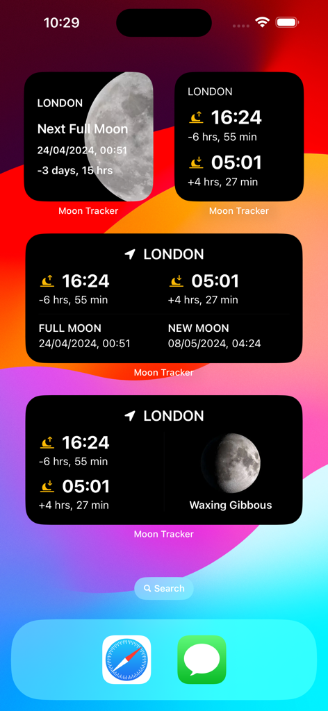 Moon Tracker app widgets on an iPhone home screen showing moonrise and moonset times and lunar phases