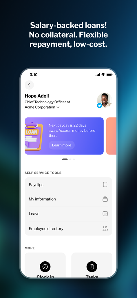 Interfaccia dell'app Achieve di Petra che mostra opzioni di prestito garantito dallo stipendio e strumenti di auto-servizio per i dipendenti come buste paga e gestione delle ferie.